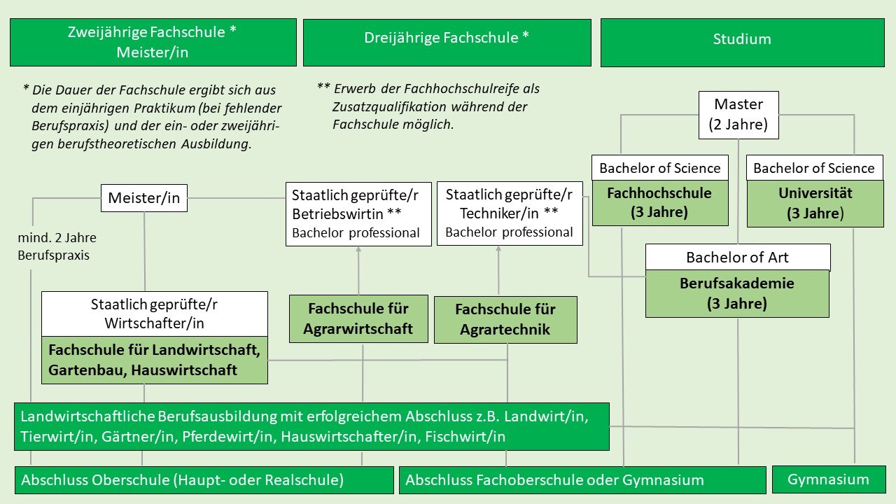 Schematische Darstellung aller weiterführenden Bildungswege in den Grünen Berufen